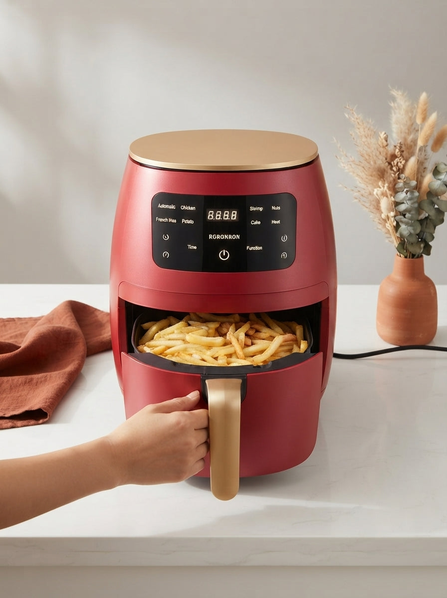 Stainless steel air fryer with touch controls on a white kitchen counter with terracotta and burnt sienna accents.